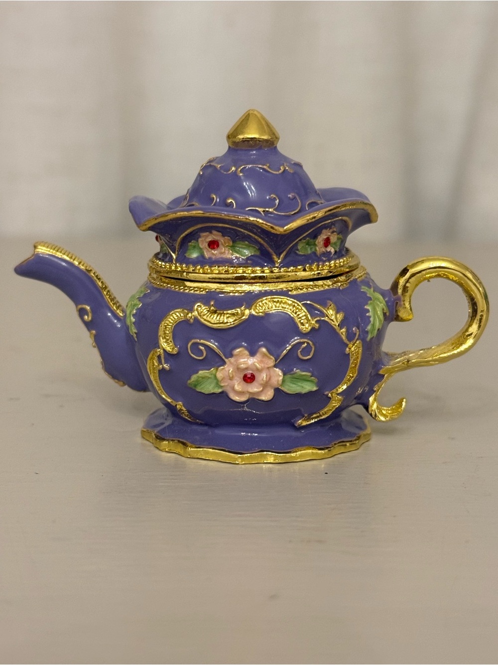 Bejeweled Purple Teapot Hinged Trinket Box Jeweled Enamel Miniature Ring Holder